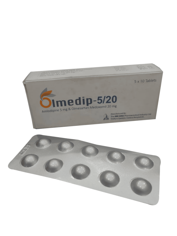 Olmedip 5/20 blister pack with Amlodipine and Olmesartan Medoxomil tablets.