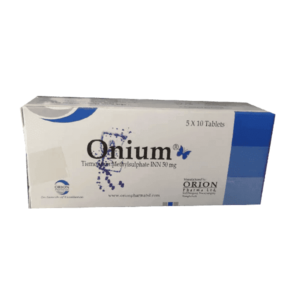 Image of Onium 50 Tablet box, showing the packaging of Tiemonium Methylsulphate 50 mg tablets by Orion Pharma Ltd.