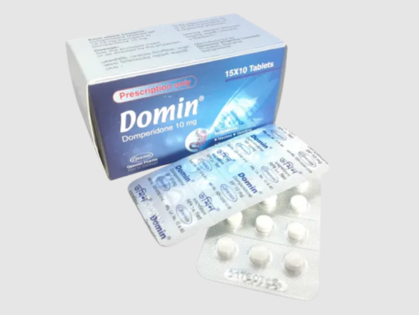 A pack of Domin 10 tablets displaying dosage and branding information.