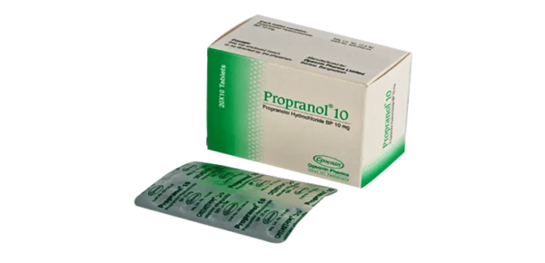 A blister pack of Propranolol 10 tablets from Opsonin Pharma, used for treating hypertension and anxiety.