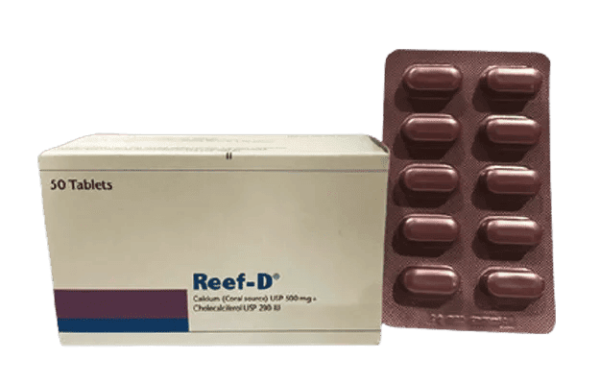 Reef-D tablets in packaging, used for treating osteoporosis and calcium deficiencies.