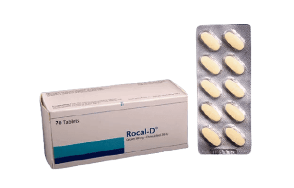 A pack of Rocal-D Tablets containing essential Calcium and Vitamin D3 for bone health.