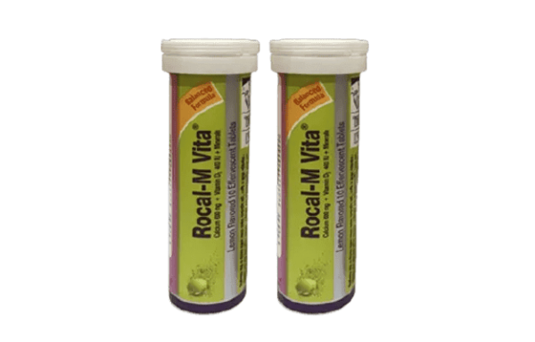 Image of Rocal-M Vita Tablet Pot from Healthcare Pharmaceuticals Limited containing multiminerals, vitamin D3, and calcium carbonate.