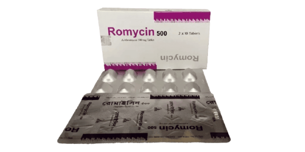 A pack of Romycin 500 mg tablets on a white background.