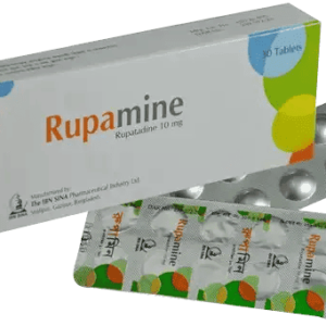 A pack of Rupamine tablets, showing the box and blister pack containing 10mg Rupatadine Fumarate tablets.