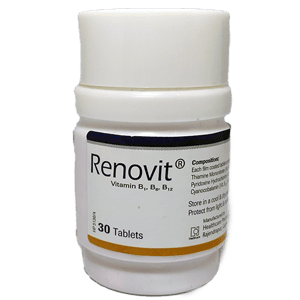 Renovit Vitamin B1, B6, B12 supplement bottle with Healthcare Pharmaceuticals branding.