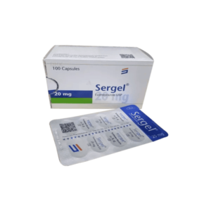 A blister pack of Sergel 20 capsules, used for the treatment of acid reflux and heartburn.