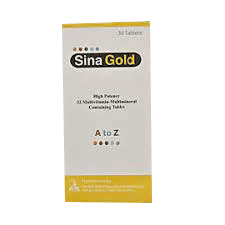 A box of Sina Gold 30 tablets displayed alongside its leaflet.