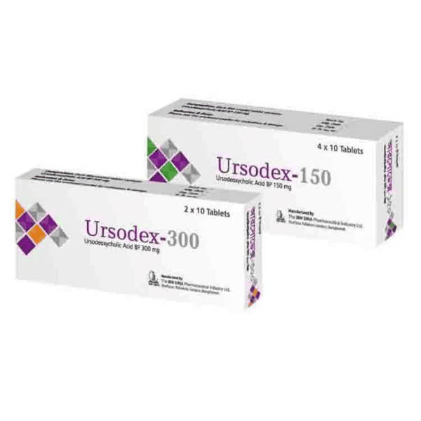 An image showing Ursodex 300 tablet packaging with the active ingredient Ursodeoxycholic Acid 300mg, used for treating liver diseases and dissolving gallstones.