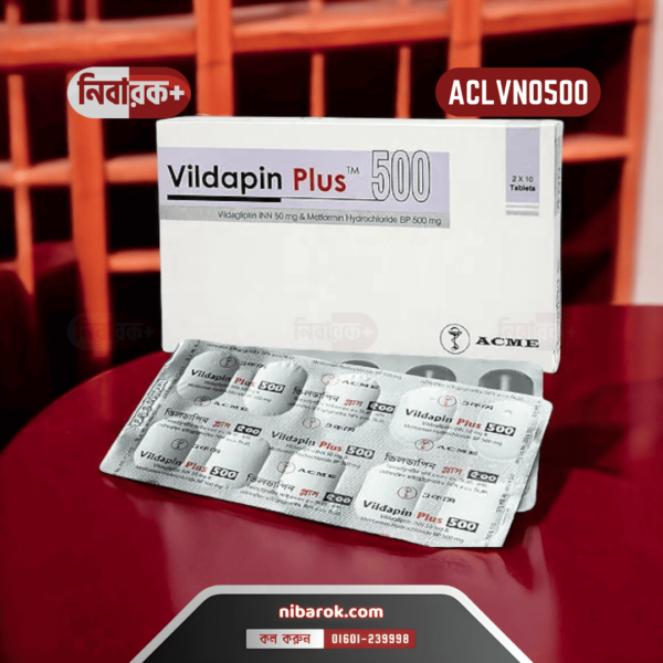 Vildapin Plus 500 Tablet pack containing Vildagliptin 50 mg and Metformin Hydrochloride 500 mg for diabetes control.