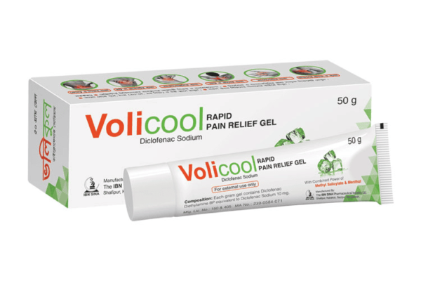 Image of Volicool 50 gm Diclofenac Gel tube, used for pain relief.