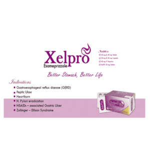 A capsule of Xelpro 20 by Pharmasia Limited containing 20mg of esomeprazole, a medication for treating acid reflux and ulcers.