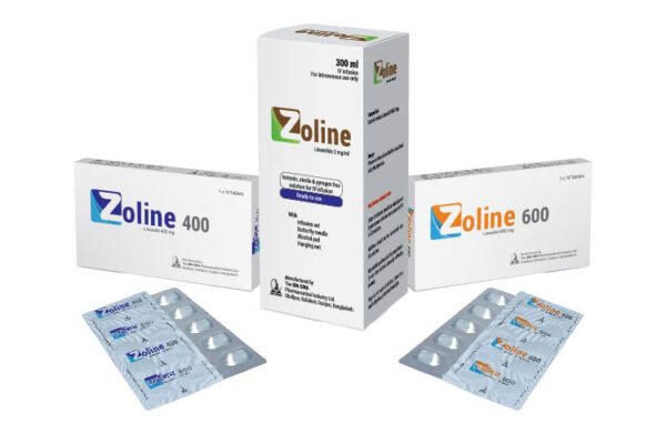 Zoline 600 ml injection for treating bacterial infections, shown in a 600 ml infusion bottle.