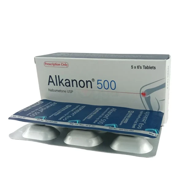 A blister pack of Alkanon 500 mg tablets for treating osteoarthritis and rheumatoid arthritis.