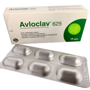 A close-up of Avloclav 625 tablet strips, showing the packaging and labeling of the antibiotic medication.