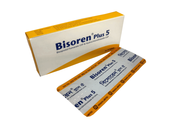 A blister pack of Bisoren Plus 5 tablets for hypertension treatment, with clear dosage and composition labeling.