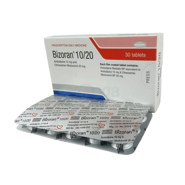 A blister pack of Bizoran 10/20 tablets displayed on a clean background, emphasizing the medication's branding and dosage information.