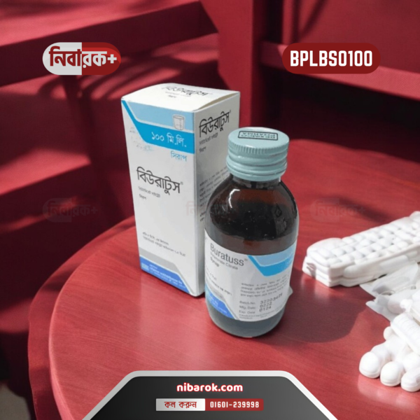 A 100ml bottle of Buratuss syrup with a labeled box, manufactured by Beximco Pharmaceuticals Ltd.
