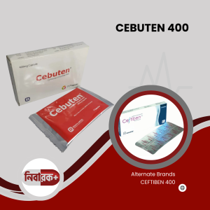An image of a Cebuten 400 capsule box and blister pack from Renata Limited, highlighting its antibiotic properties for bacterial infections.