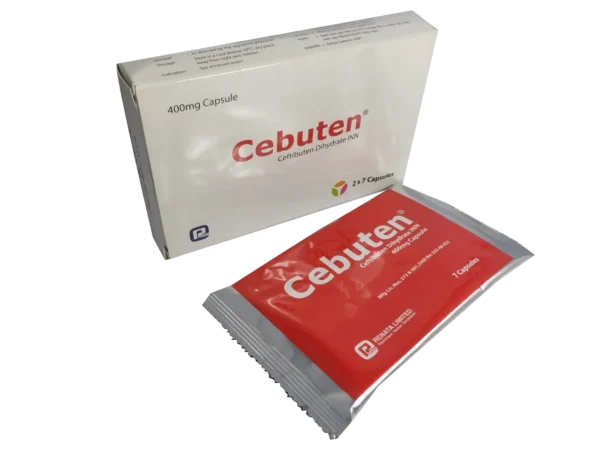 An image of a Cebuten 400 capsule box and blister pack from Renata Limited, highlighting its antibiotic properties for bacterial infections.