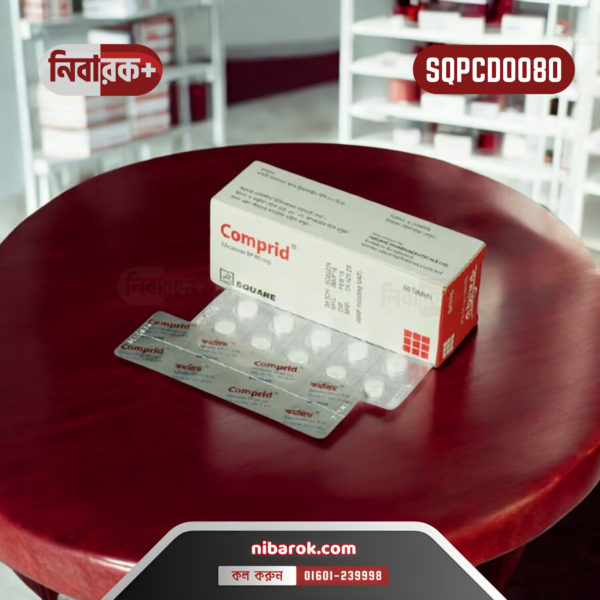 A pack of Comprid 80 tablets with detailed labeling of its composition and manufacturer.