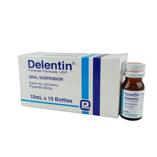 Bottle of Delentin Suspension 10ml containing Pyrantel Pamoate.