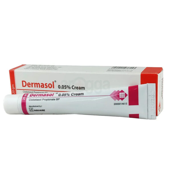 A tube of Dermasol Cream (Clobetasol Propionate 0.05%) displayed on a clean, white surface.