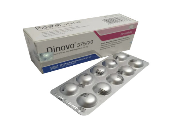 A blister pack of Dinovo 375/20 tablets by Beximco Pharmaceuticals, containing Naproxen Sodium and Esomeprazole Magnesium for pain relief and stomach protection.