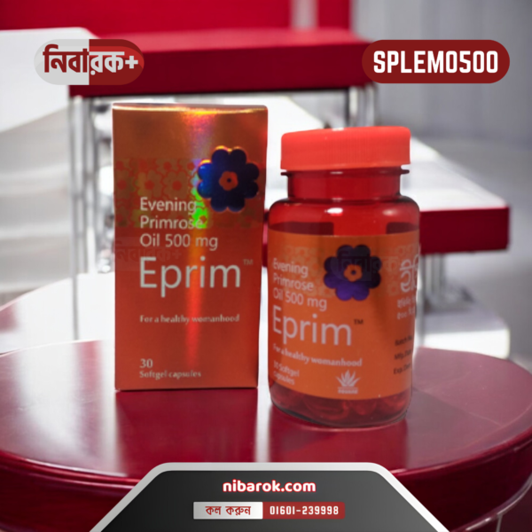 A clear yellow capsule bottle labeled "Eprim 500 mg Evening Primrose Oil" with product information.