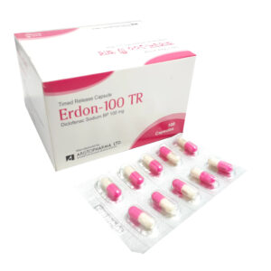 A red and white blister pack of Erdon 100 TR capsules, containing 100 mg of Diclofenac Sodium, displayed with the Aristopharma Ltd. logo.