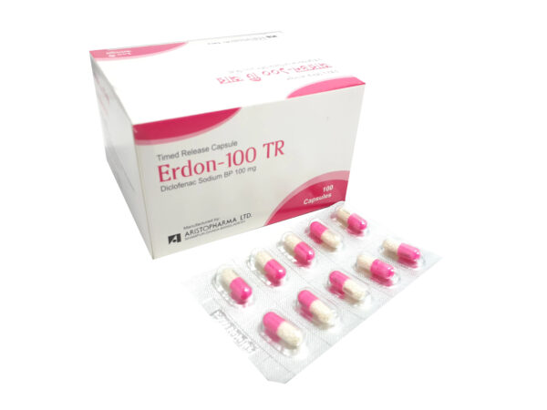 A red and white blister pack of Erdon 100 TR capsules, containing 100 mg of Diclofenac Sodium, displayed with the Aristopharma Ltd. logo.