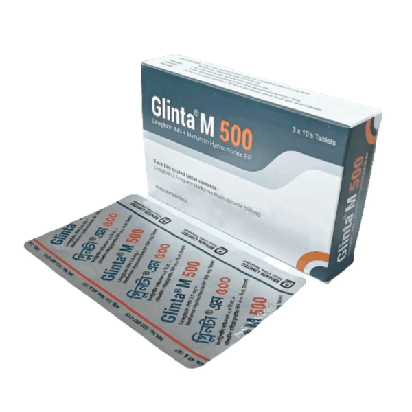 Glinta M 500 tablet packaging with Linagliptin and Metformin for type 2 diabetes management by Renata Pharma