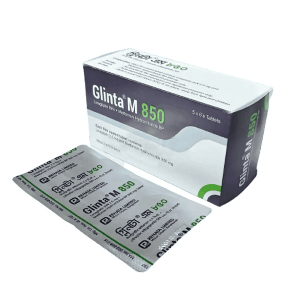 Glinta M 850 tablet packaging, featuring Linagliptin and Metformin Hydrochloride for type 2 diabetes management by Renata Pharma