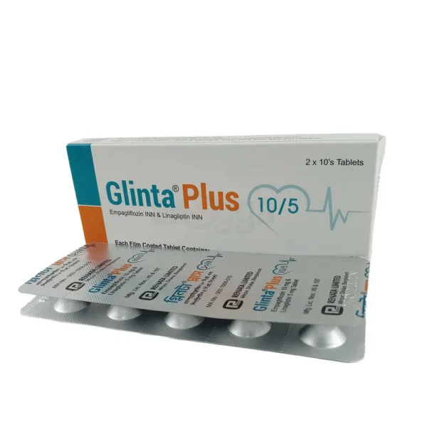 Image of Glinta Plus 10/5 tablet packaging showing its composition, price, and brand information from Renata Limited.