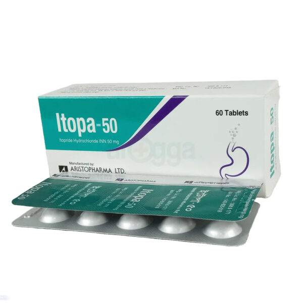 A pack of Itopride Hydrochloride tablets with dosage instructions printed on the package.