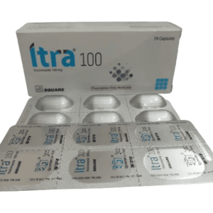 Close-up of Itra 100 capsule bottle, Square Pharmaceuticals logo, indicating 100mg Itraconazole antifungal treatment.