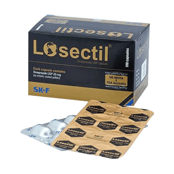 Losectil 20 - Omeprazole 20mg Capsule, packaging and detailed usage instructions.