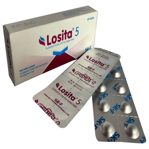 Image of Losita 5 Tablet packaging containing 5 mg Escitalopram Oxalate for treating depression and anxiety.