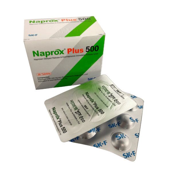 Close-up of Naprox Plus 500 tablet pack showing the dual-action relief formula