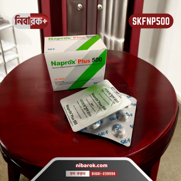 Close-up of Naprox Plus 500 tablet pack showing the dual-action relief formula