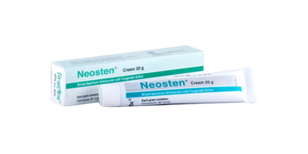 A tube of Neosten 20 Cream next to its packaging, labeled as a topical antifungal treatment for skin infections.