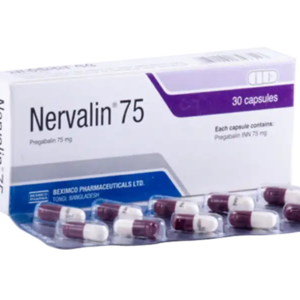 Bottle of Nervalin 75 capsules by Beximco Pharmaceuticals, featuring Pregabalin for pain relief and seizure management.