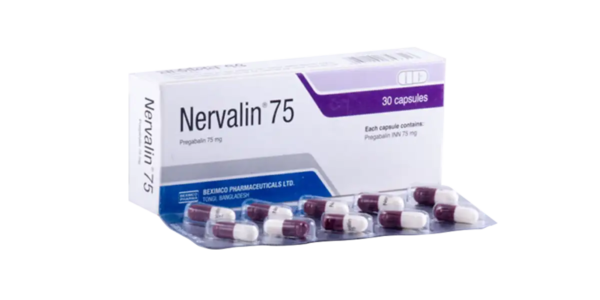 Bottle of Nervalin 75 capsules by Beximco Pharmaceuticals, featuring Pregabalin for pain relief and seizure management.