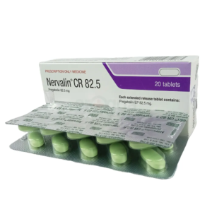 Close-up of Nervalin CR 82.5 tablets, used for managing neuropathic pain, anxiety, and epilepsy.