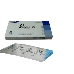 Image of Procap 20 capsule bottle with label, displaying Orion Pharma Ltd. branding and Omeprazole 20 mg.