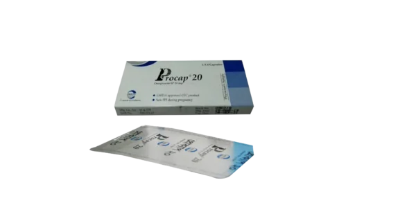 Image of Procap 20 capsule bottle with label, displaying Orion Pharma Ltd. branding and Omeprazole 20 mg.