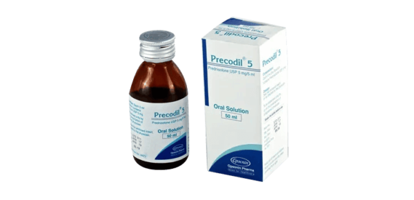 Precodil 5-50 ml Oral Solution, Prednisolone 5 mg, anti-inflammatory prescription medication by Opsonin Pharma Limited.