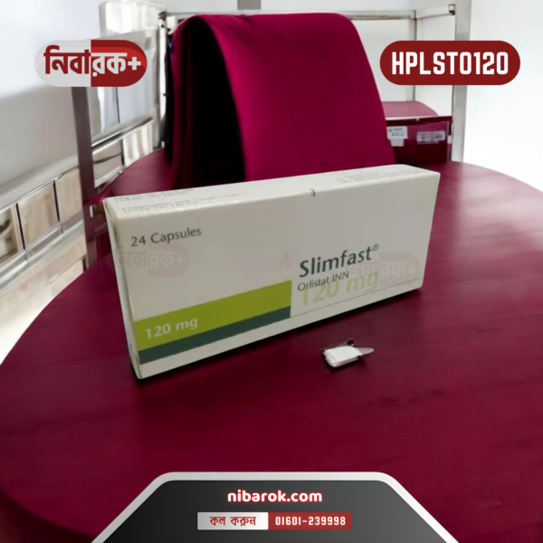 A capsule bottle labeled "Slimfast 120" for weight loss treatment, featuring Orlistat as the active ingredient.