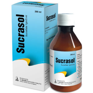 Bottle of Sucrasol Oral Suspension in a 200 ml dosage, branded by Ibn Sina Pharmaceuticals for treating ulcers and gastrointestinal conditions.