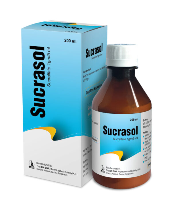 Bottle of Sucrasol Oral Suspension in a 200 ml dosage, branded by Ibn Sina Pharmaceuticals for treating ulcers and gastrointestinal conditions.